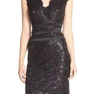 Tadashi Shoji black sequin and lace cocktail dress